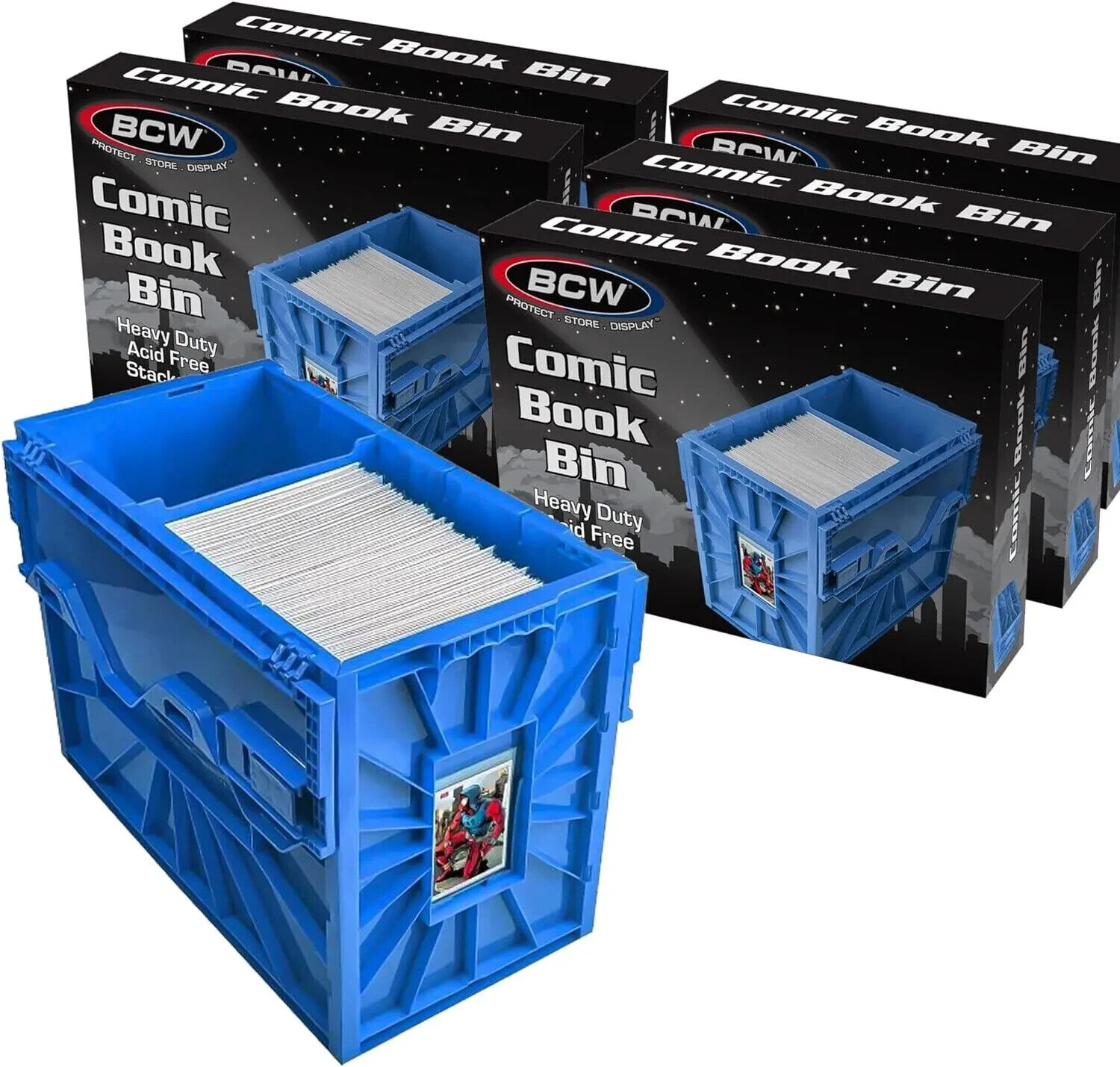 1 Case (5) BCW Short Plastic Comic Book Bins Boxes Heavy Duty with Lid - BLUE