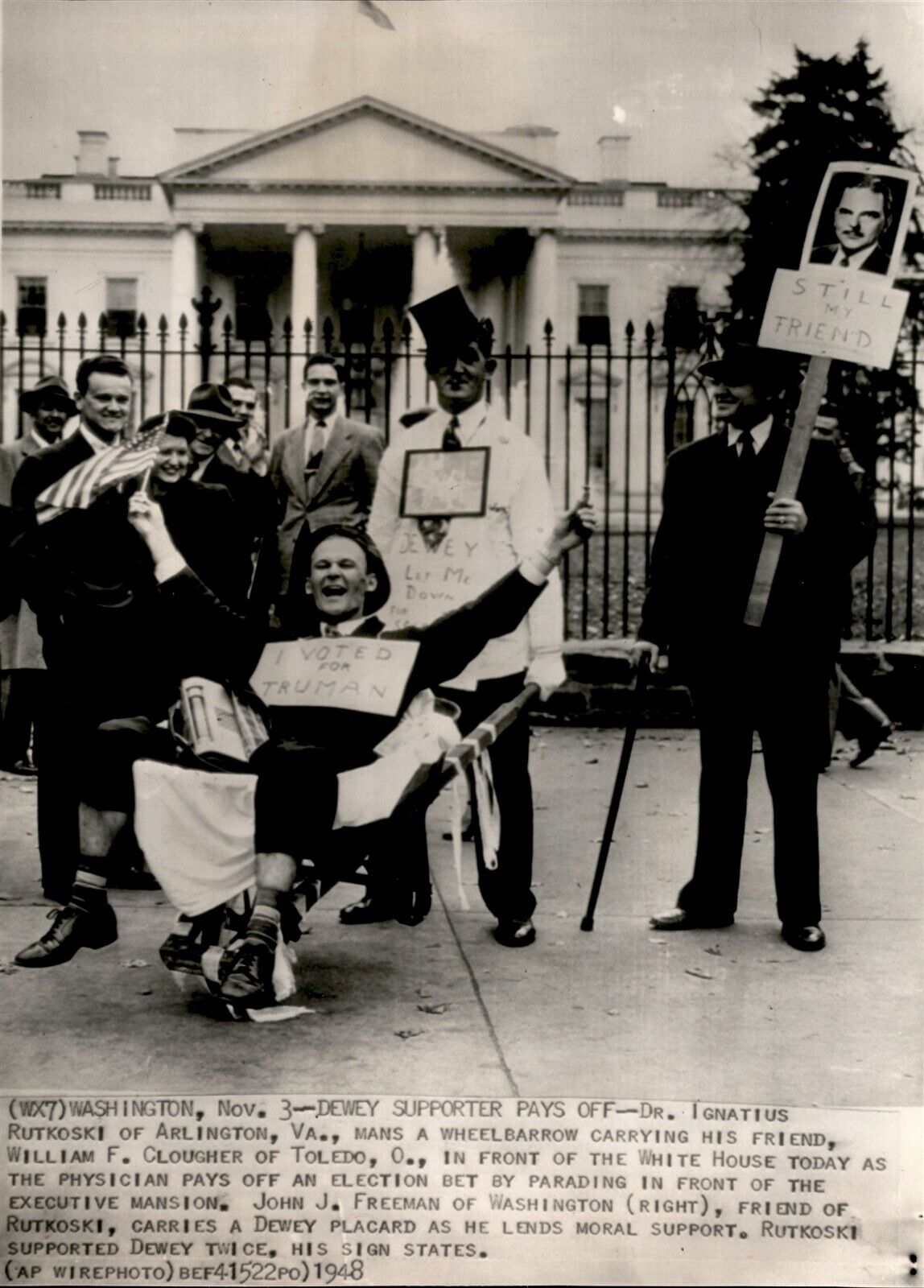 LG2 1948 AP Wire Photo DEWEY SUPPORTER PAYS OFF Wheelchair @ White House Bet