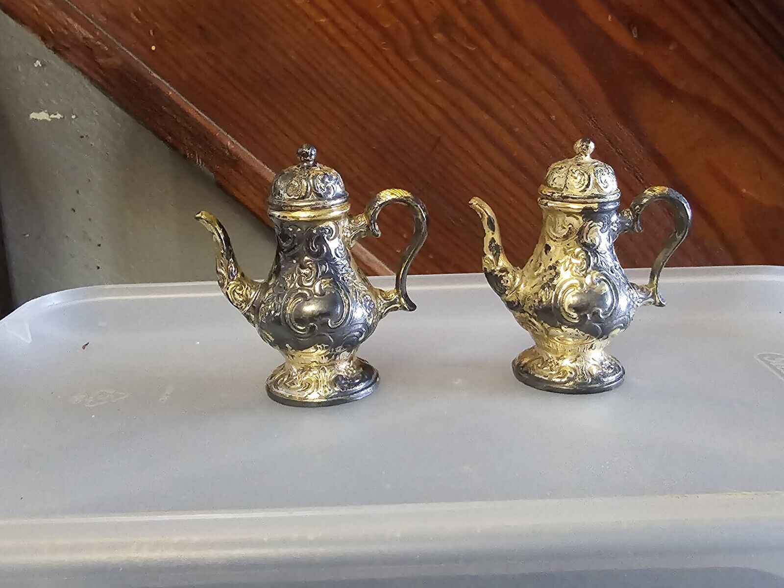 Vintage Silver Plated Copper Teapot  Salt & Pepper Shakers Victorian Looking