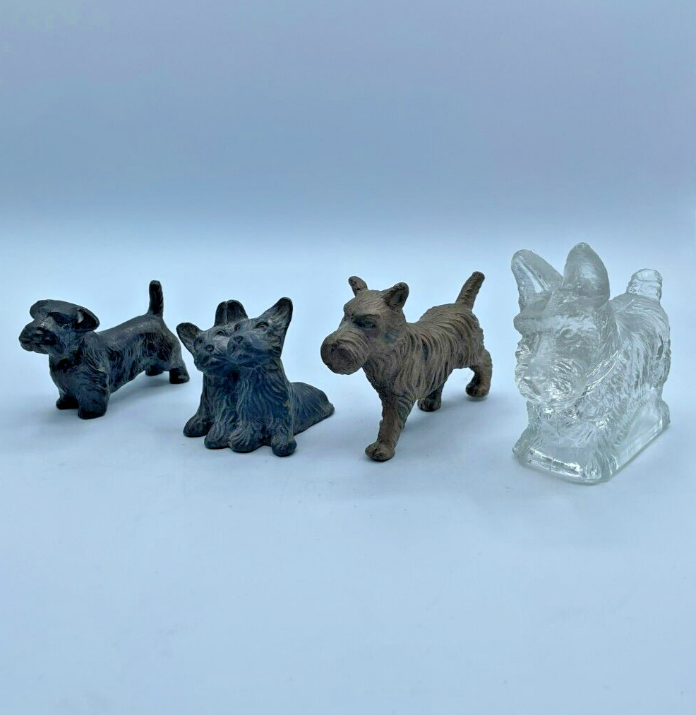 4 VTG, Cast Metal & Glass Candy Container Cairn Westie Schnauzer Terrier Dog Lot