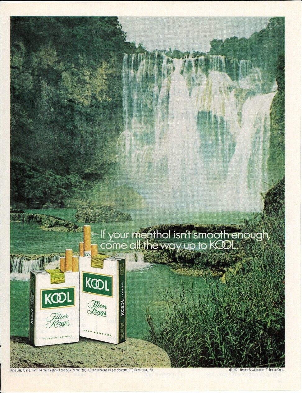 1971 KOOL Filter Kings Long Cigarette Tobacco Smoking Waterfall Vintage Print Ad