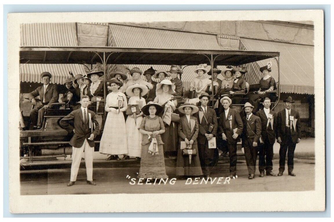 c1918 Crowd Tourist Trolley Car Seeing Denver Colorado CO RPPC Photo Postcard