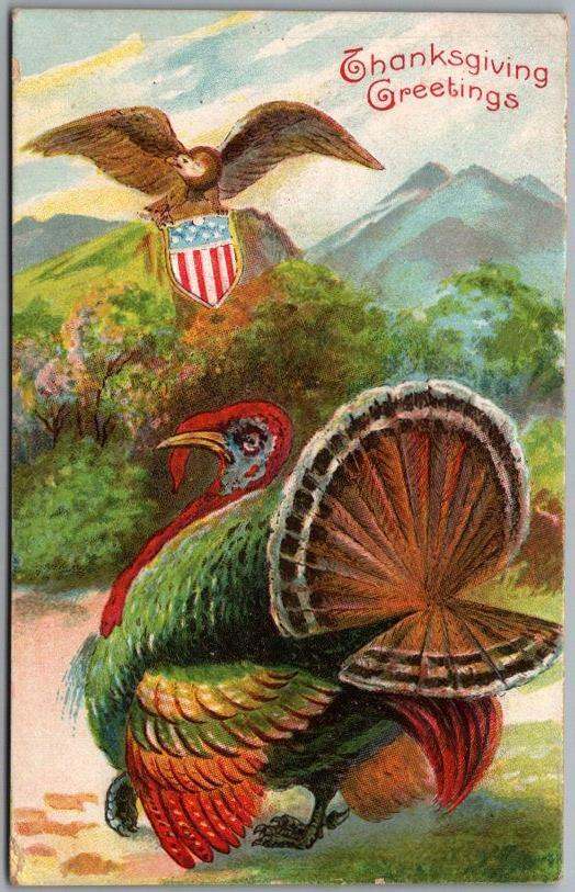 Vintage THANKSGIVING GREETINGS Embossed Postcard Turkey / Bald Eagle 1910 Cancel