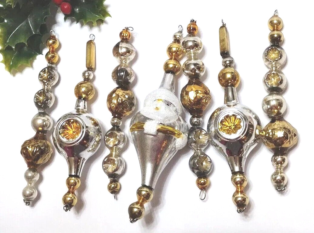 vtg Christmas Ornaments lot of 7 Mercury Glass Bead Icicles SANTA Silver Gold F8