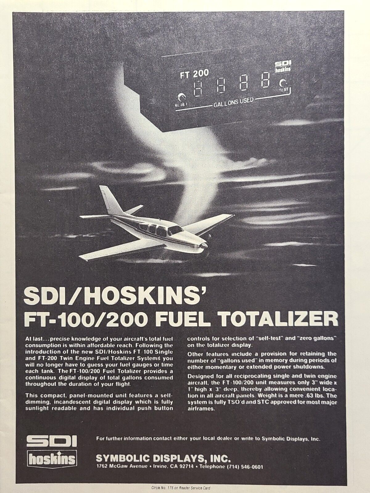 SDI Hoskins FT-100/200 Fuel Totalizer Irvine CA Aircraft Vintage Print Ad 1979