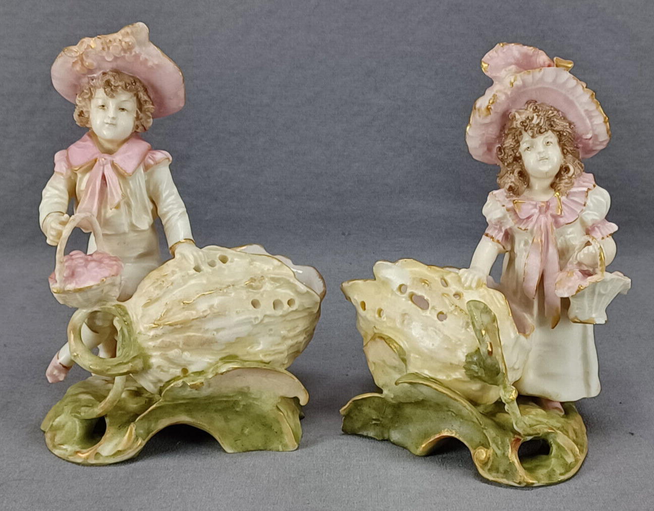 Pair of Ernst Wahliss Art Nouveau Children Floral Figurine Sweet Meat Dishes