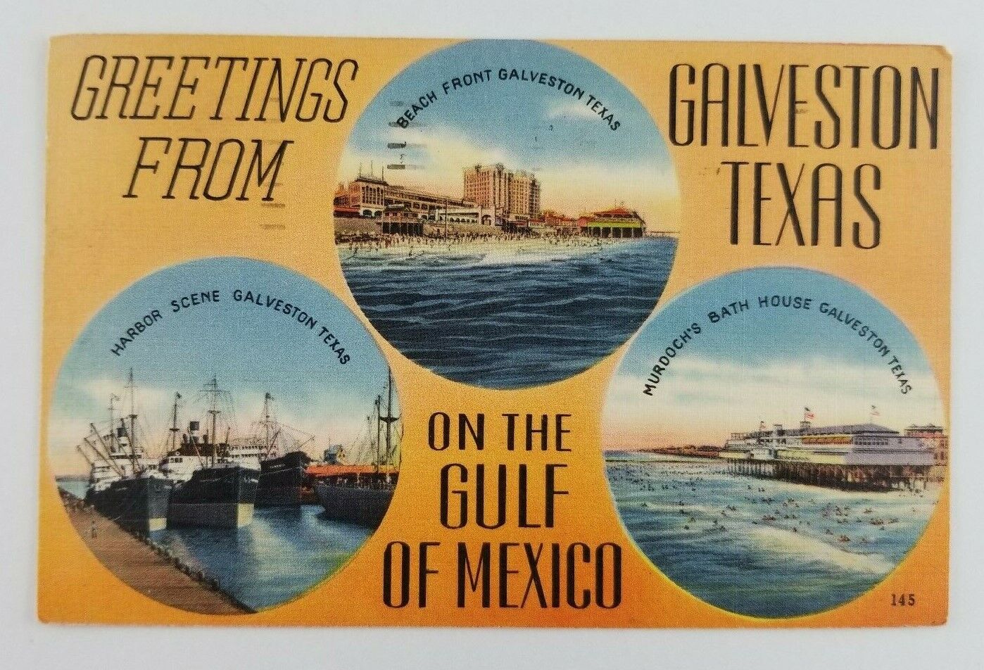 Postcard Greeting From Galveston Texas Harbor Ships Beach Bath House 1951