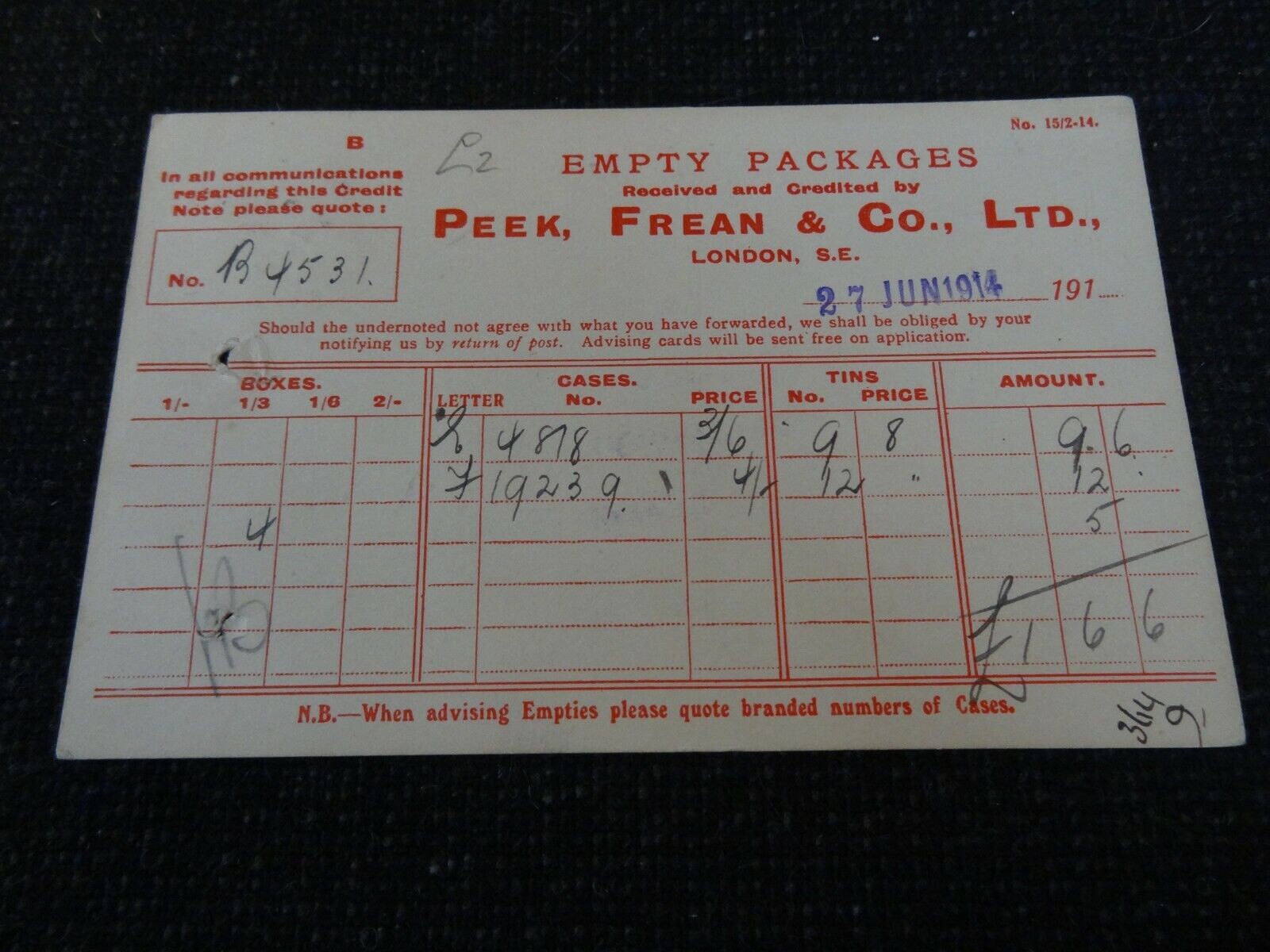 WWI Military Supplies Peak & Frean London Credit Note 27th June 1914 to Commerci