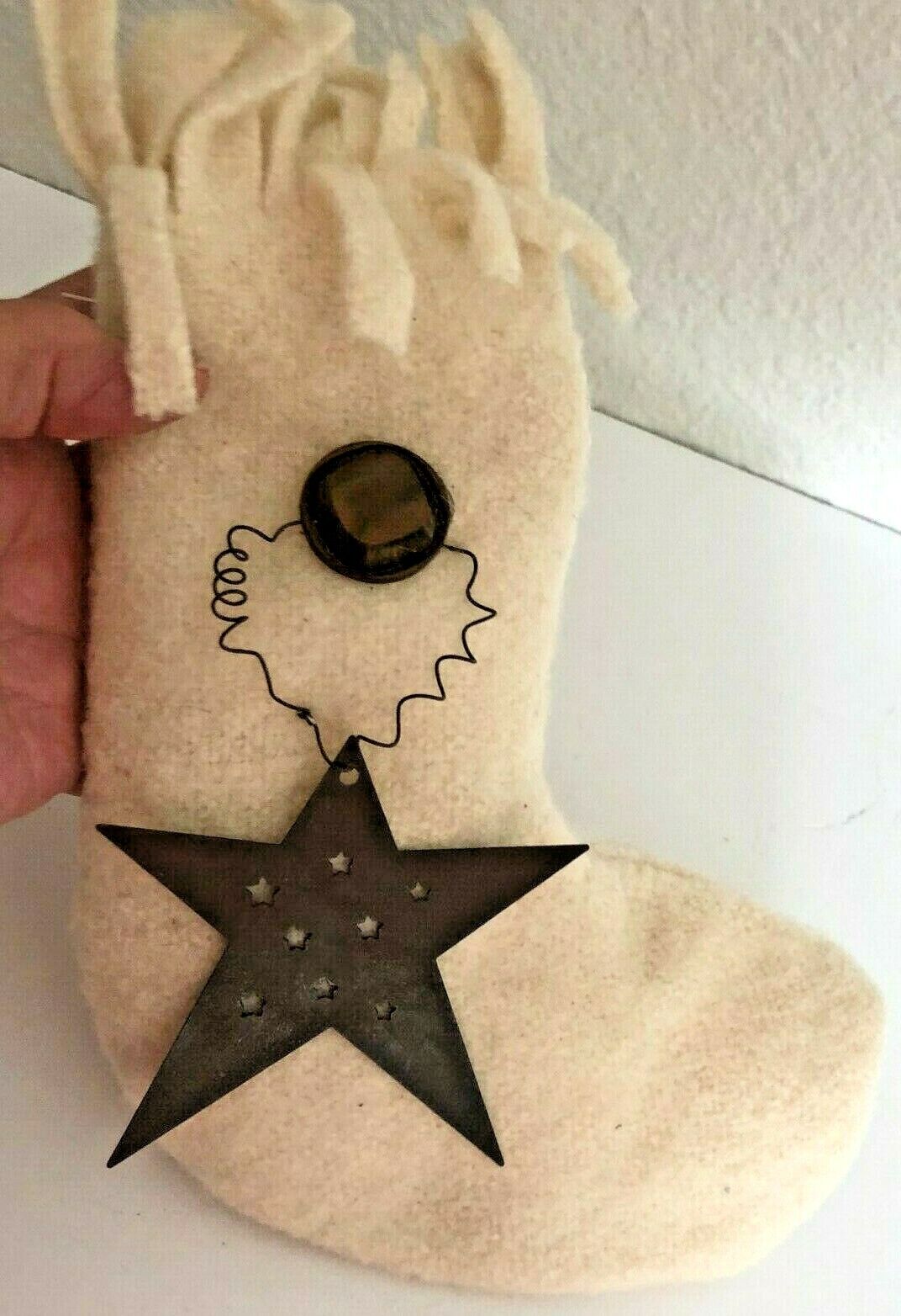 Vtg Handcrafted Boiled Felted White Wool XMAS STOCKING Punched Tin Star  NOS a