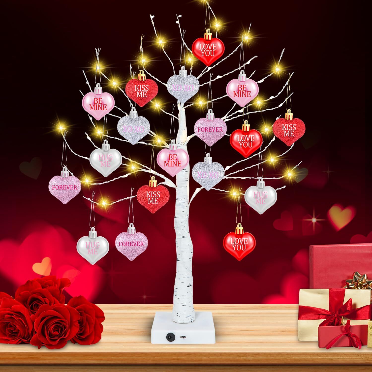 24 Inch Valentines Day Tree Decorations Lighted Valentine Tree with 18 Pcs He...