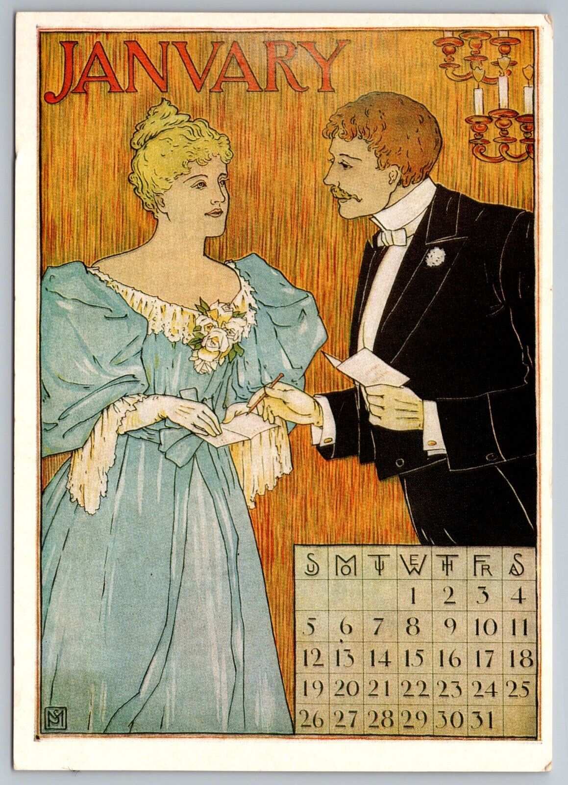 12 postcards depicting monthly calendar pages that were originally printed 1895.