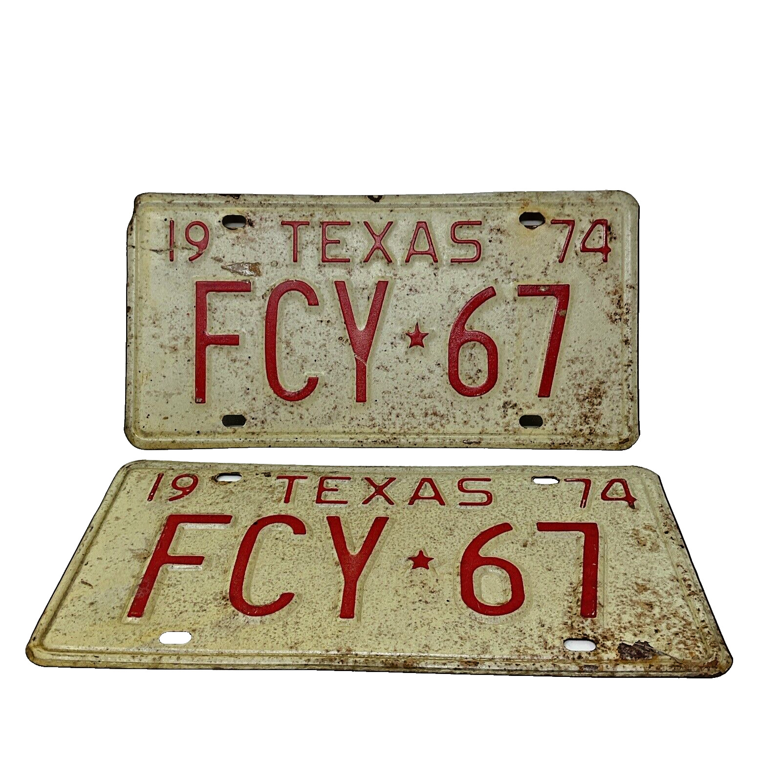 Vintage 1974 Texas License Plates Pair FCY 57 Red On White Vintage