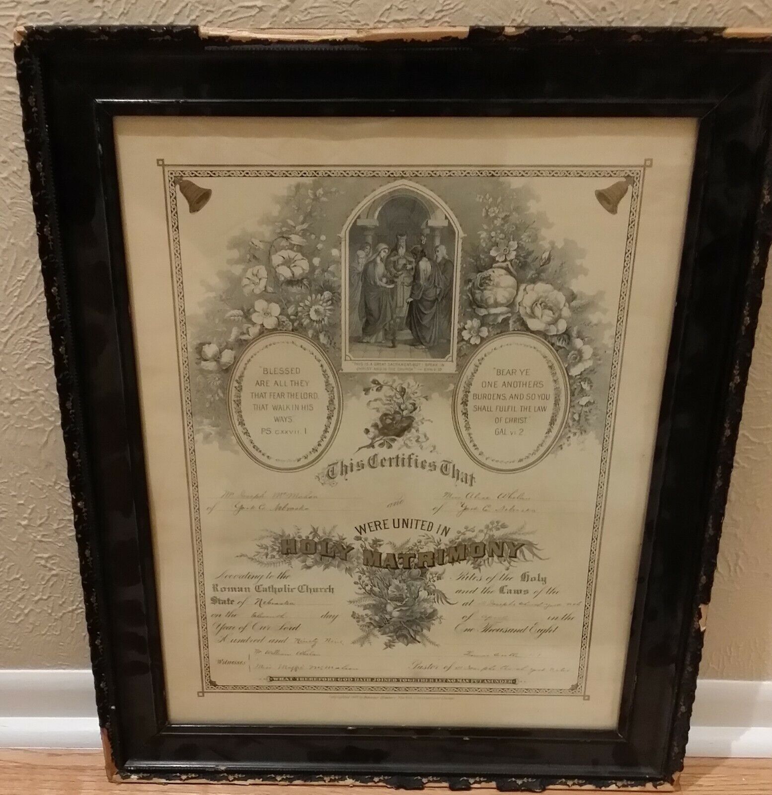 1899 Framed Marriage Certificate - Nebraska - McMAHON & WHELAN Fam;ily (Joseph &