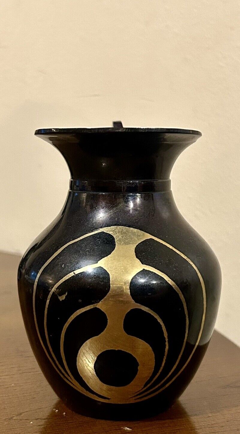 Vintage Solid Large Brass Black Gold Etched Vase. Made in India. 5” Tall