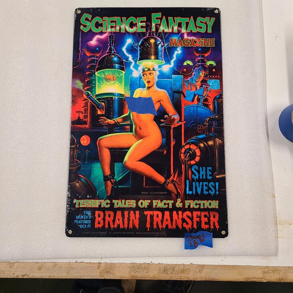 Medical science brain transfer topless Pinup girl steel metal sign