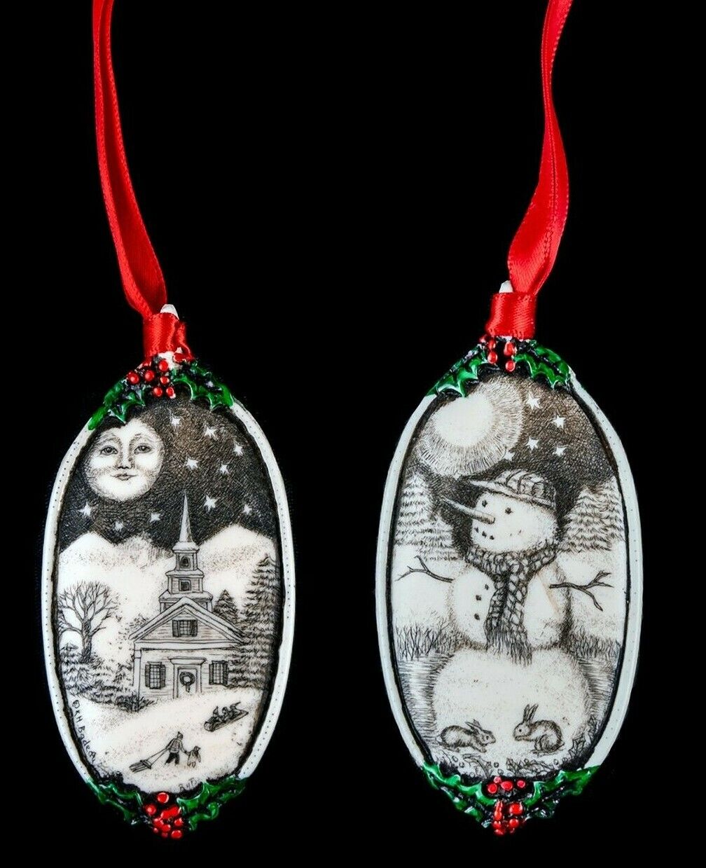 Double Sided Winter Themed Ornament.  Moosup Valley, Rachel Badeau, Etched