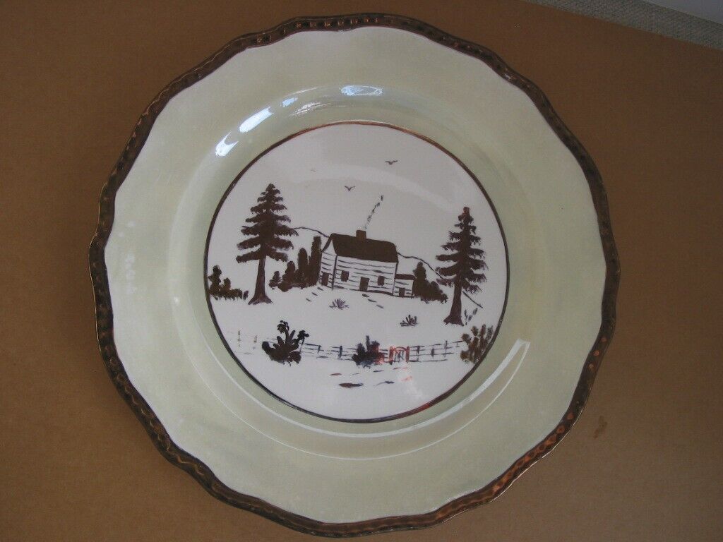 Pine Ridge Cumbow 10 inch Plate Cabin w Trees Heavy Copper Rim with Green Ring