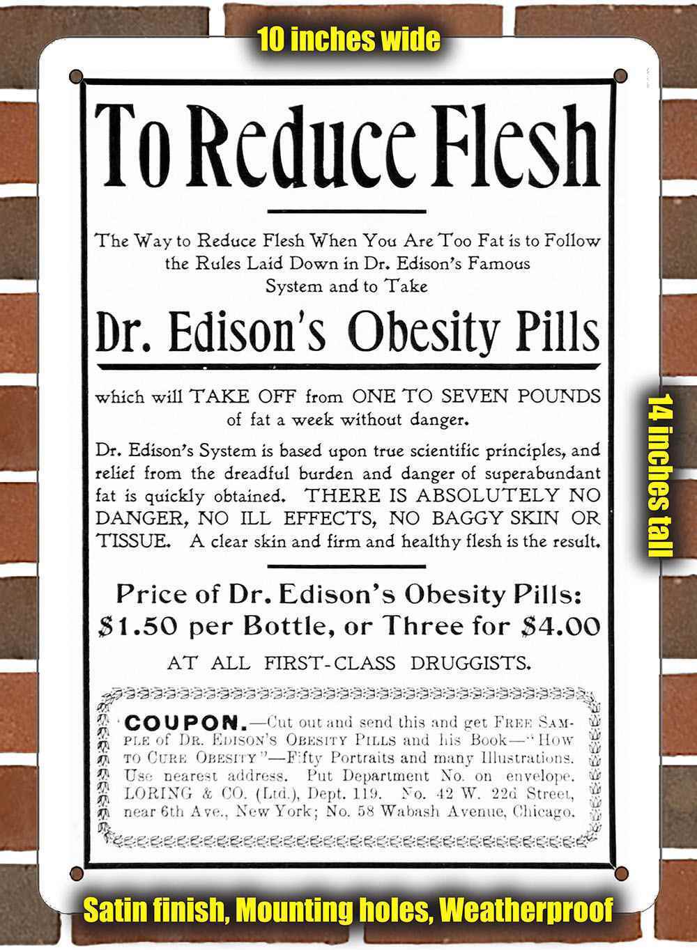 Metal Sign - 1898 Edison's Obesity Pills- 10x14 inches