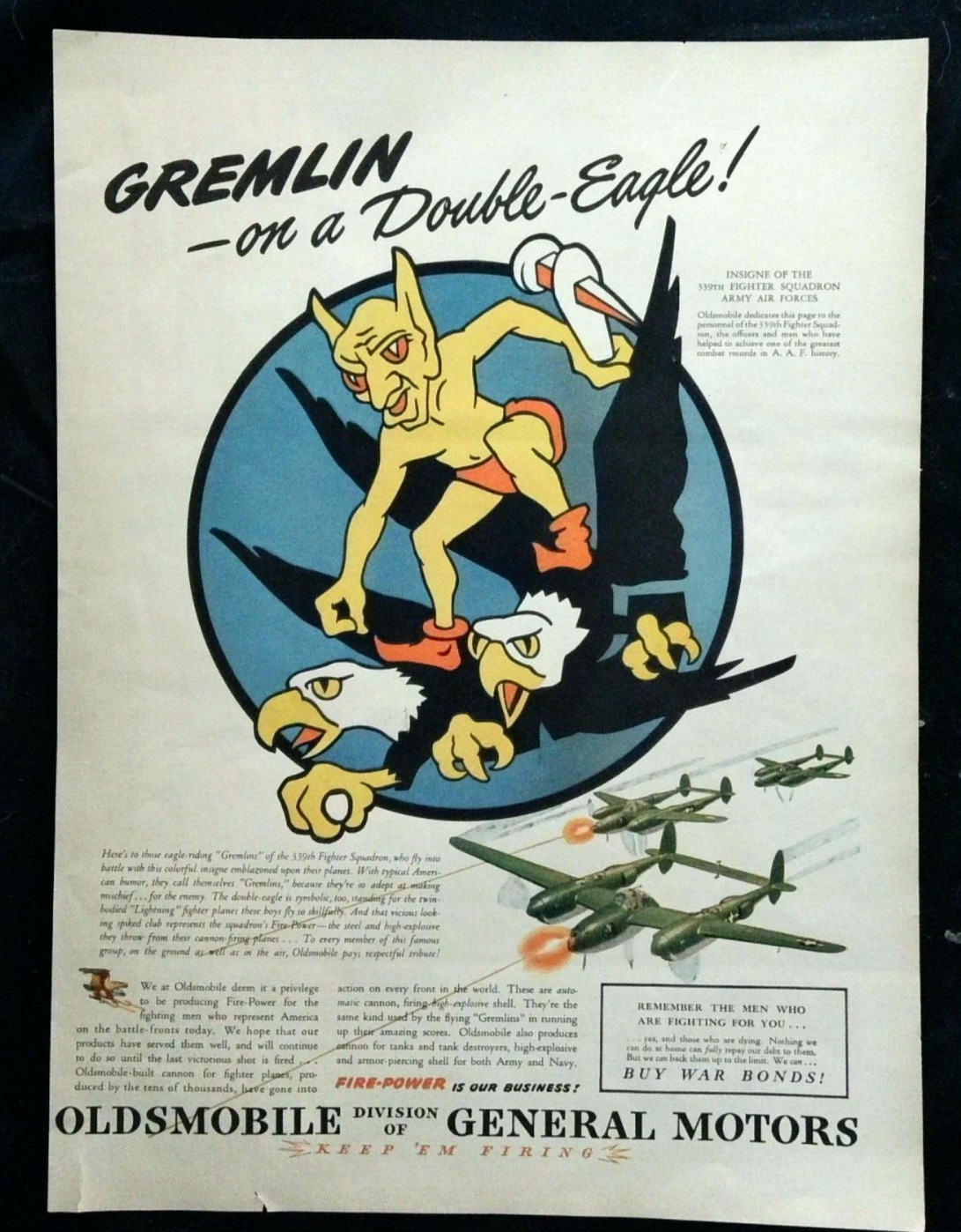1944 Oldsmobile WWII Gremlin on Double-Eagle Print Ad Flying Squadron
