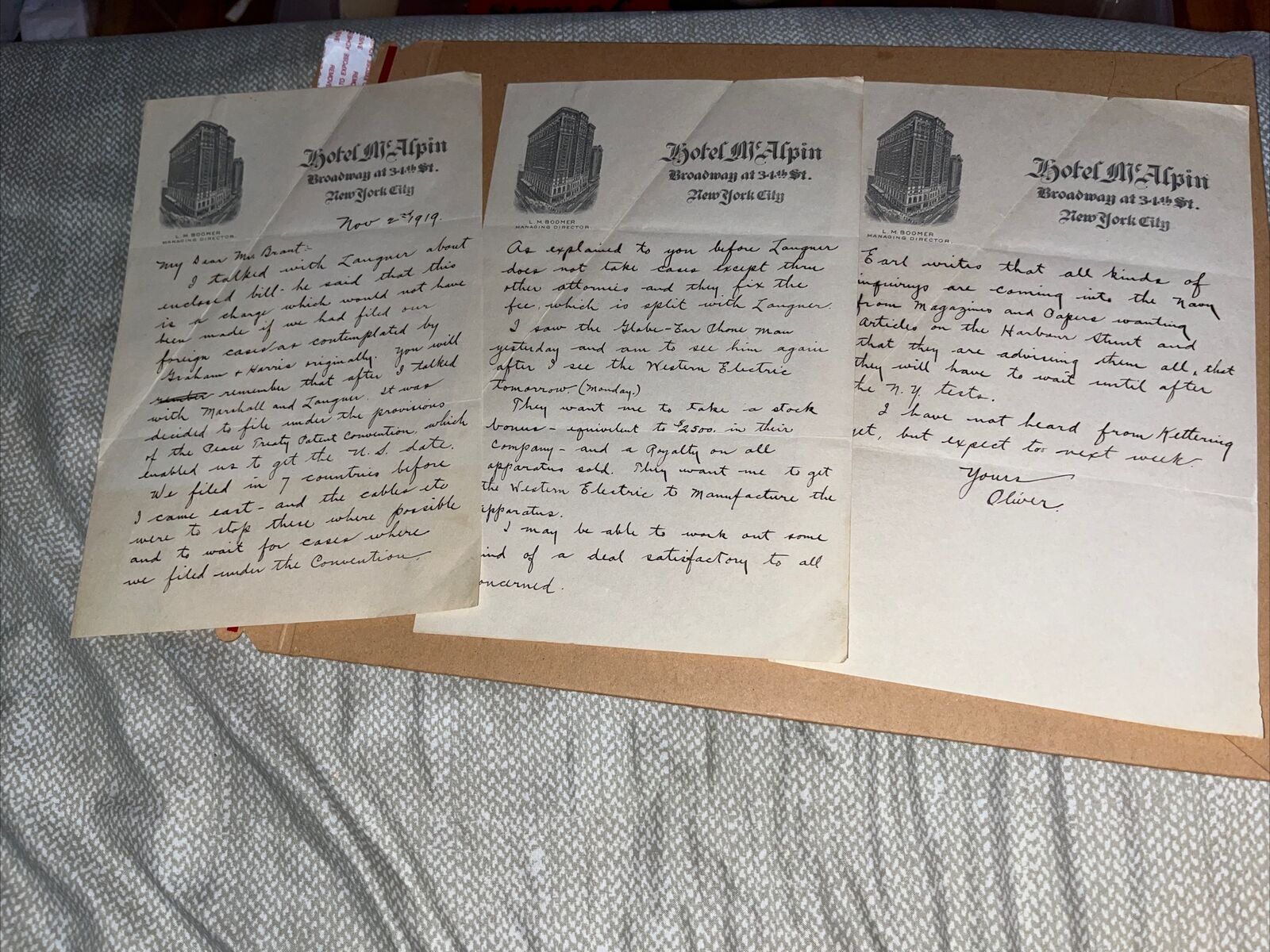 1919 Letter on Selling Invention to Western Electric Hotel McAlpin New York City