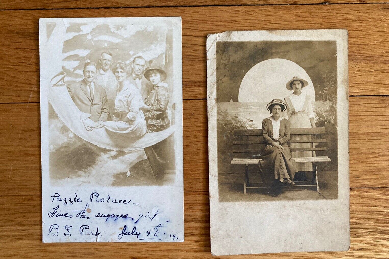 Antique 1910s Paper Moon RPPC Pair Group + 2 women July 4