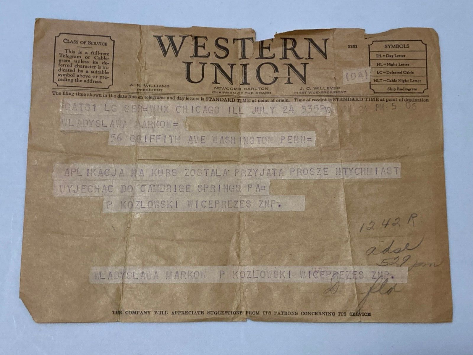 1944 WWII Vintage Western Union Telegram from Chicago, IL to PA