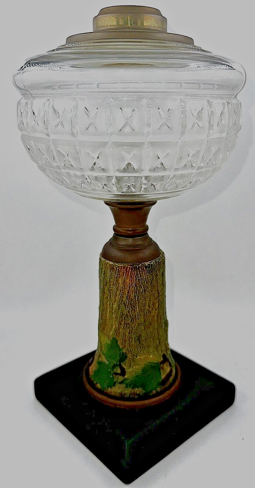 Antique Composite Kerosene Lamp Tree Trunk Textured Stem w/ Frosted X\'s in Font