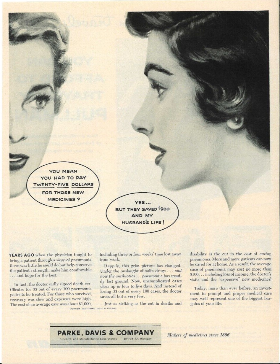 1956 PARKE DAVIS Pneumonia Medicine Antibiotic Flu Vintage Print Ad Advertising