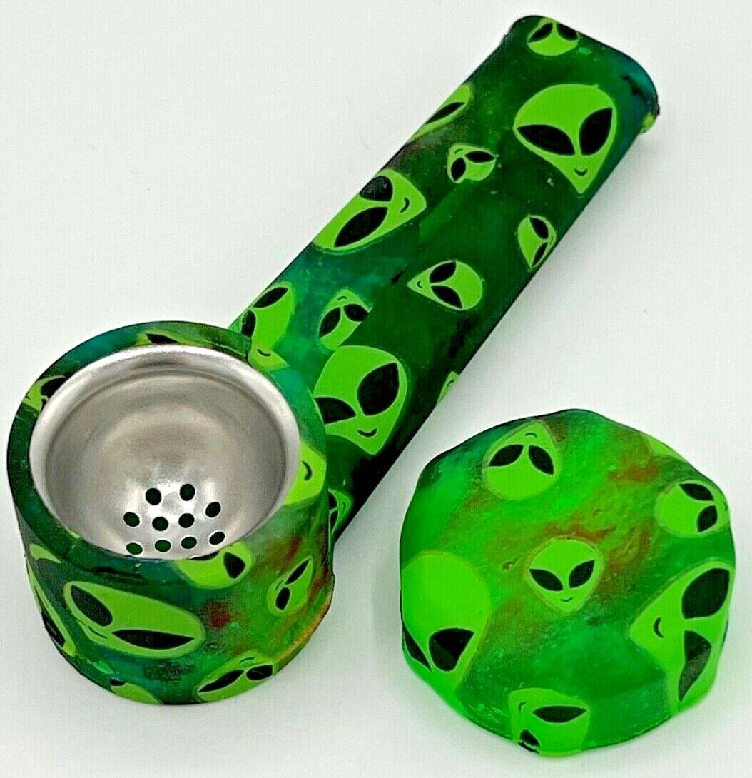Silicone Smoking Pipe with Metal Bowl & Cap Lid | Green Alien | USA