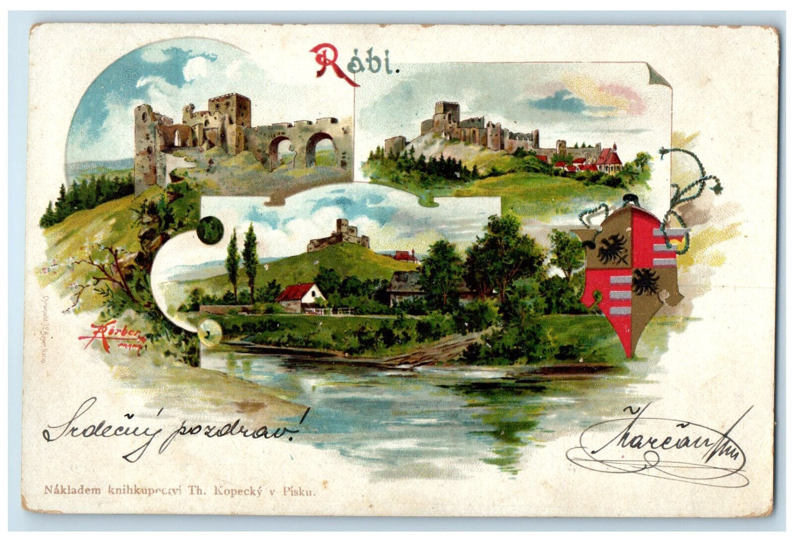 c1905 Warm Greetings from Rabi Multiview Antique Posted TH Kopecky Postcard