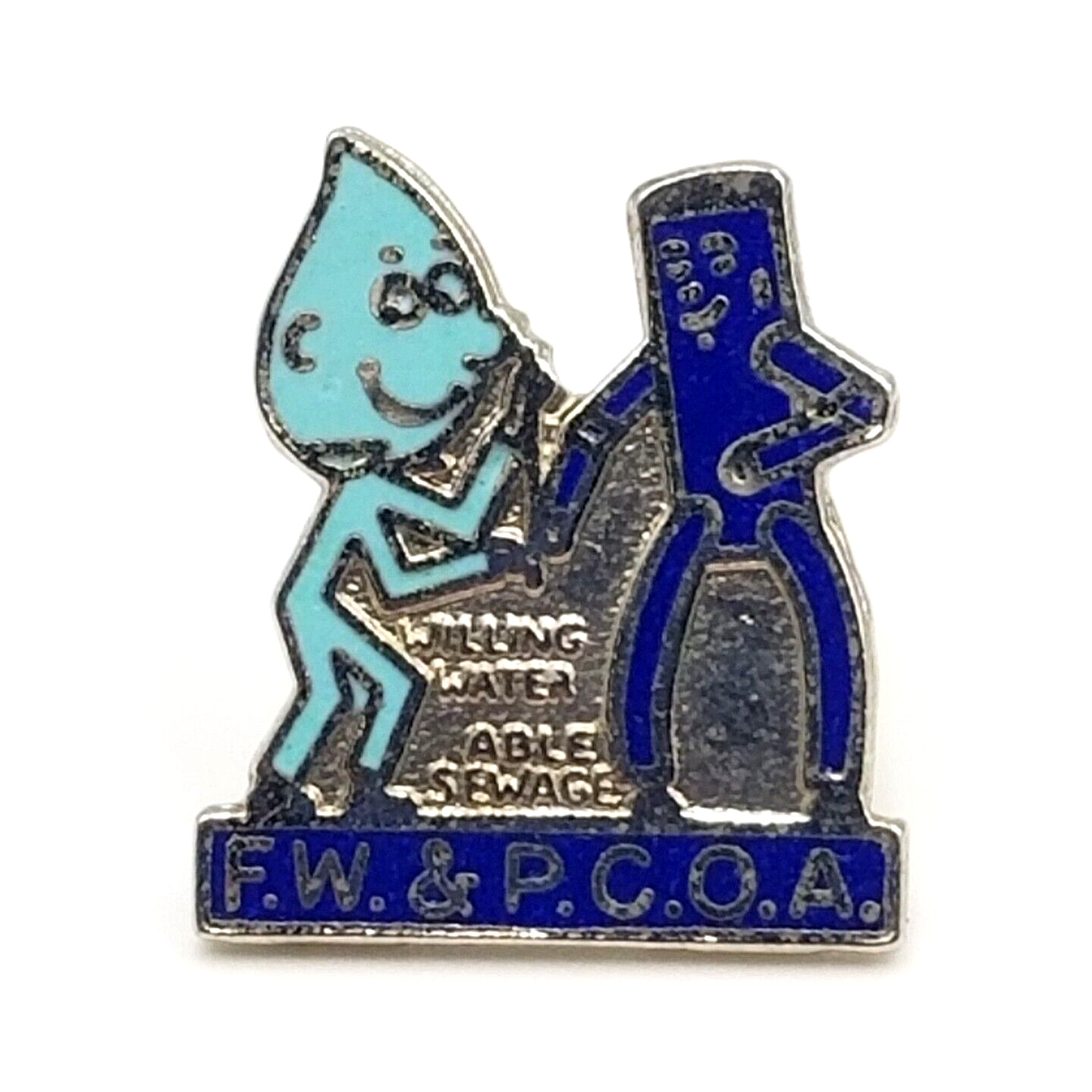 Vintage FW & PCOA Willing Water Able Sewage Enamel Lapel Pin Blue Silver tone