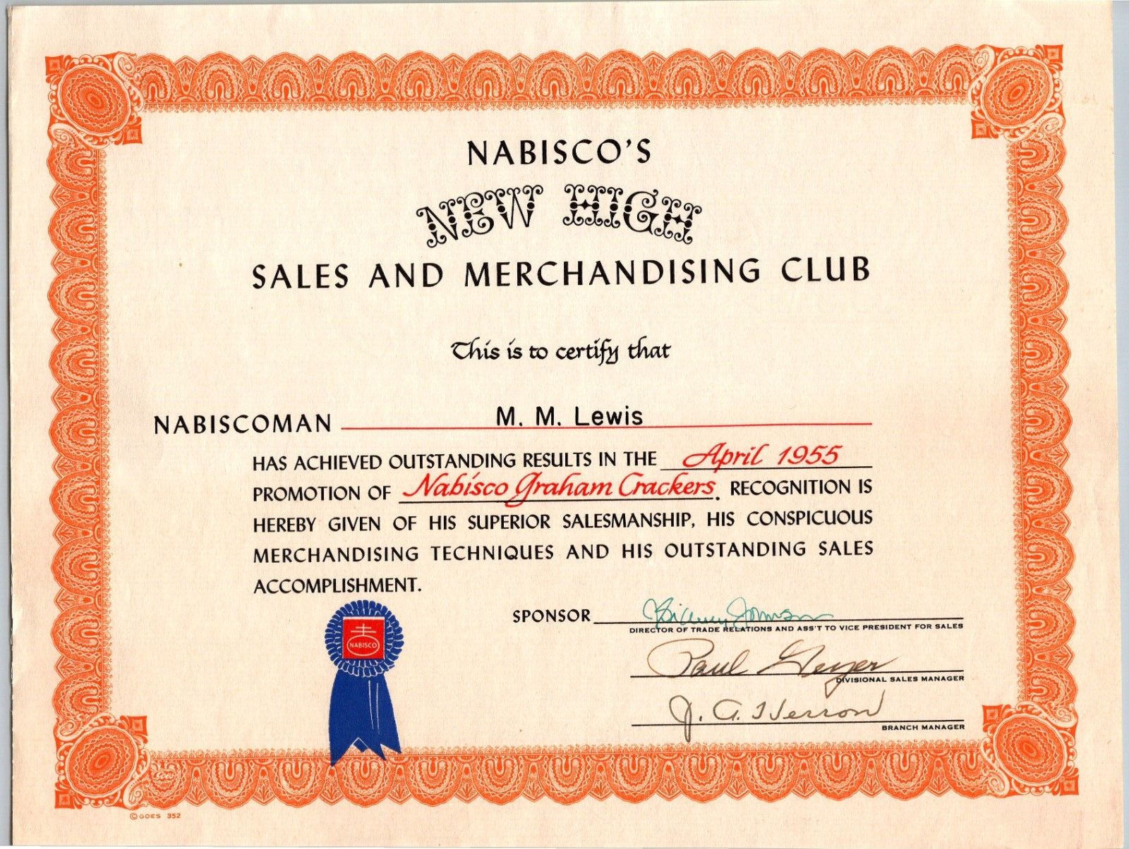 1955 Nabisco Graham Crackers Advertising Certificate Nabiscoman Merchandising