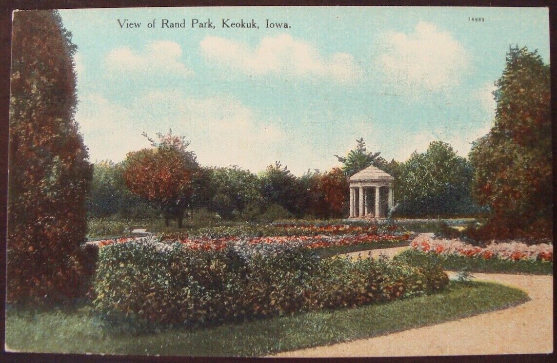 Keokuk Iowa c1910 Rand Park, gazebo, flower beds