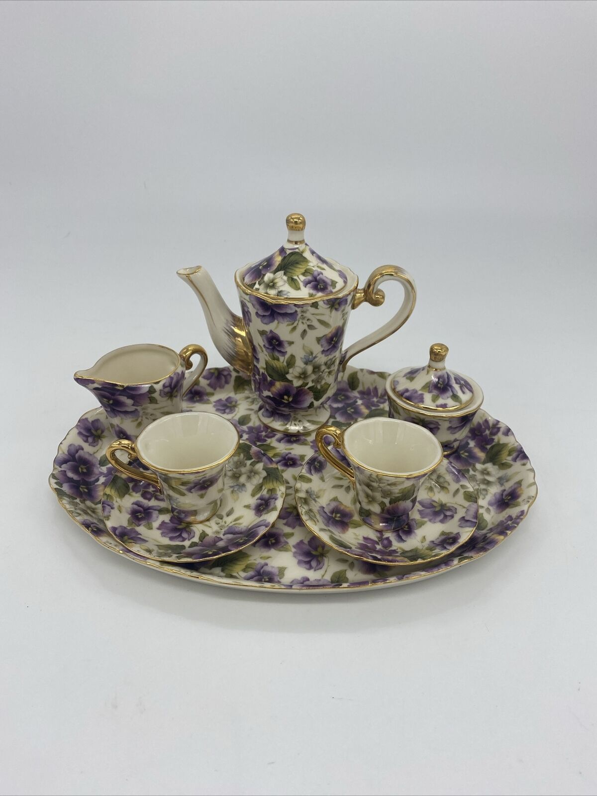 Vintage Sadler Windsor England Porcelain Purple Pansy Teapot miniature Set Of 8