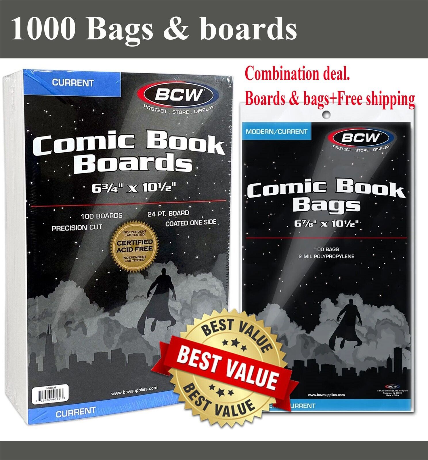 1000 BCW Current Modern Comic Book Bags Sleeves + Back Boards Acid Free Storage
