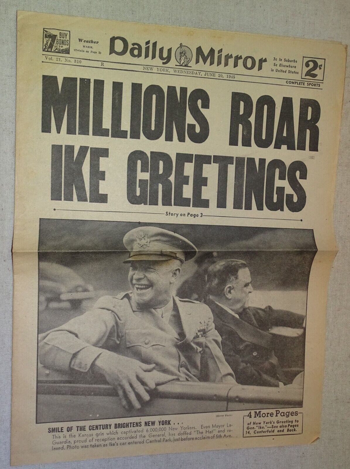 MILLIONS ROAR IKE GREETINGS June 20 1945 NY Daily Mirror NEWSPAPER Front Page
