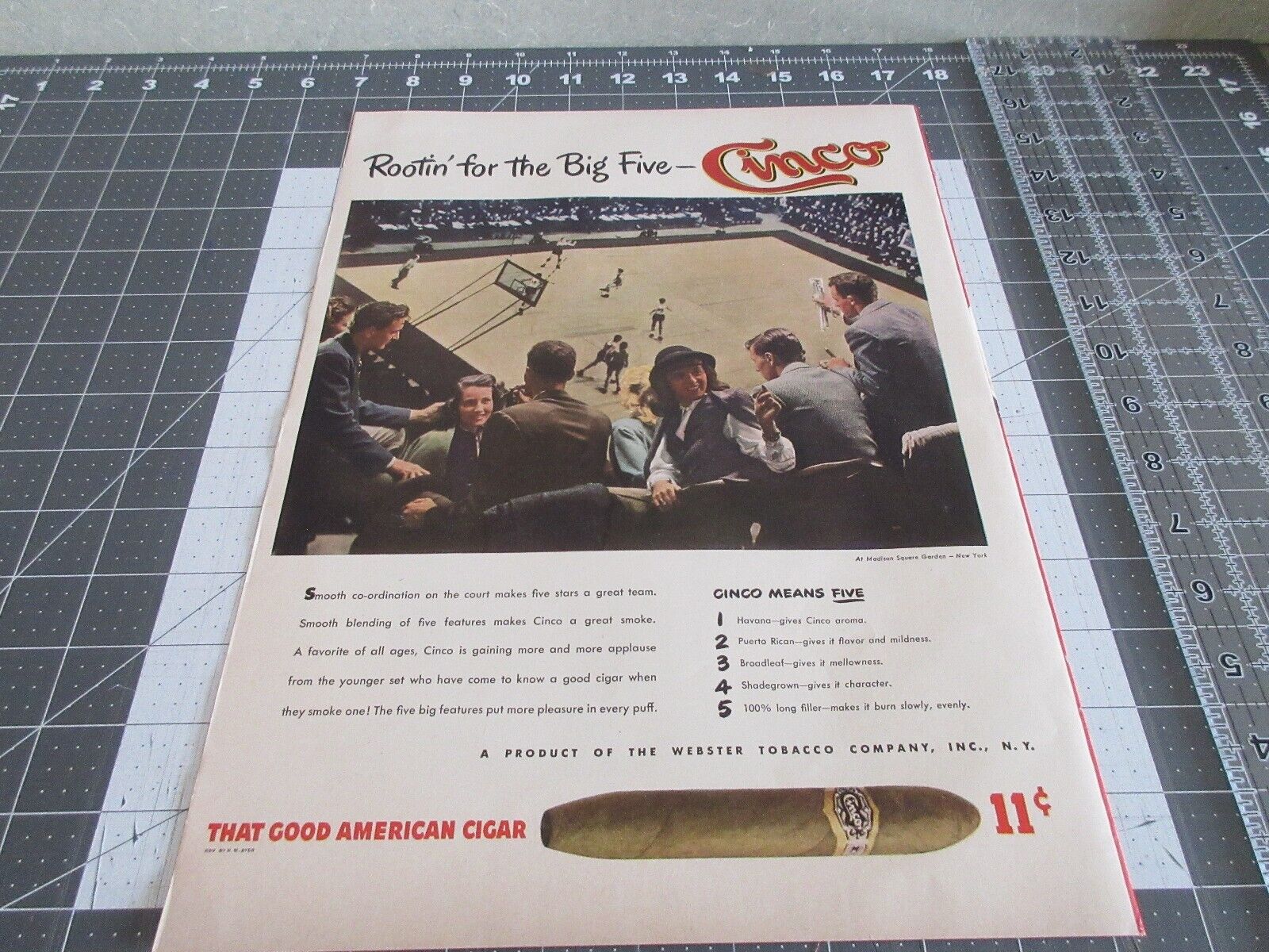 Original Vintage 1947 Cinco Cigars Madison Square Garden NY print ad Basketball
