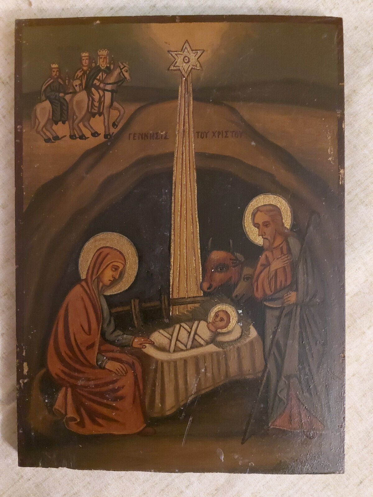 Antique Greek Orthodox Byzantine Icon Nativity of Jesus Hand painted