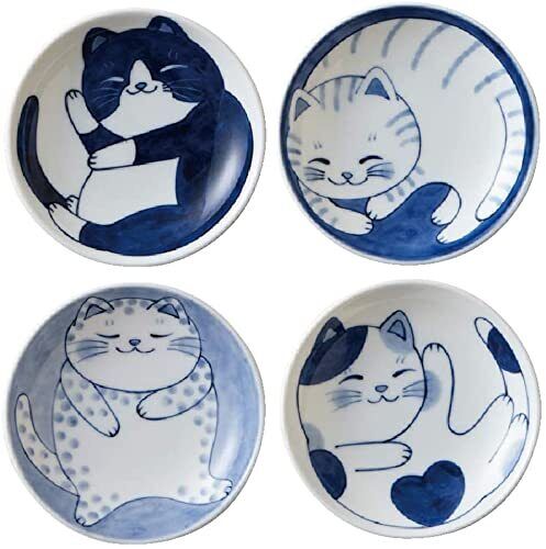 Mino Ware Japanese Small Plate Set Ceramic Cute Cats Design Appetizer Dessert...