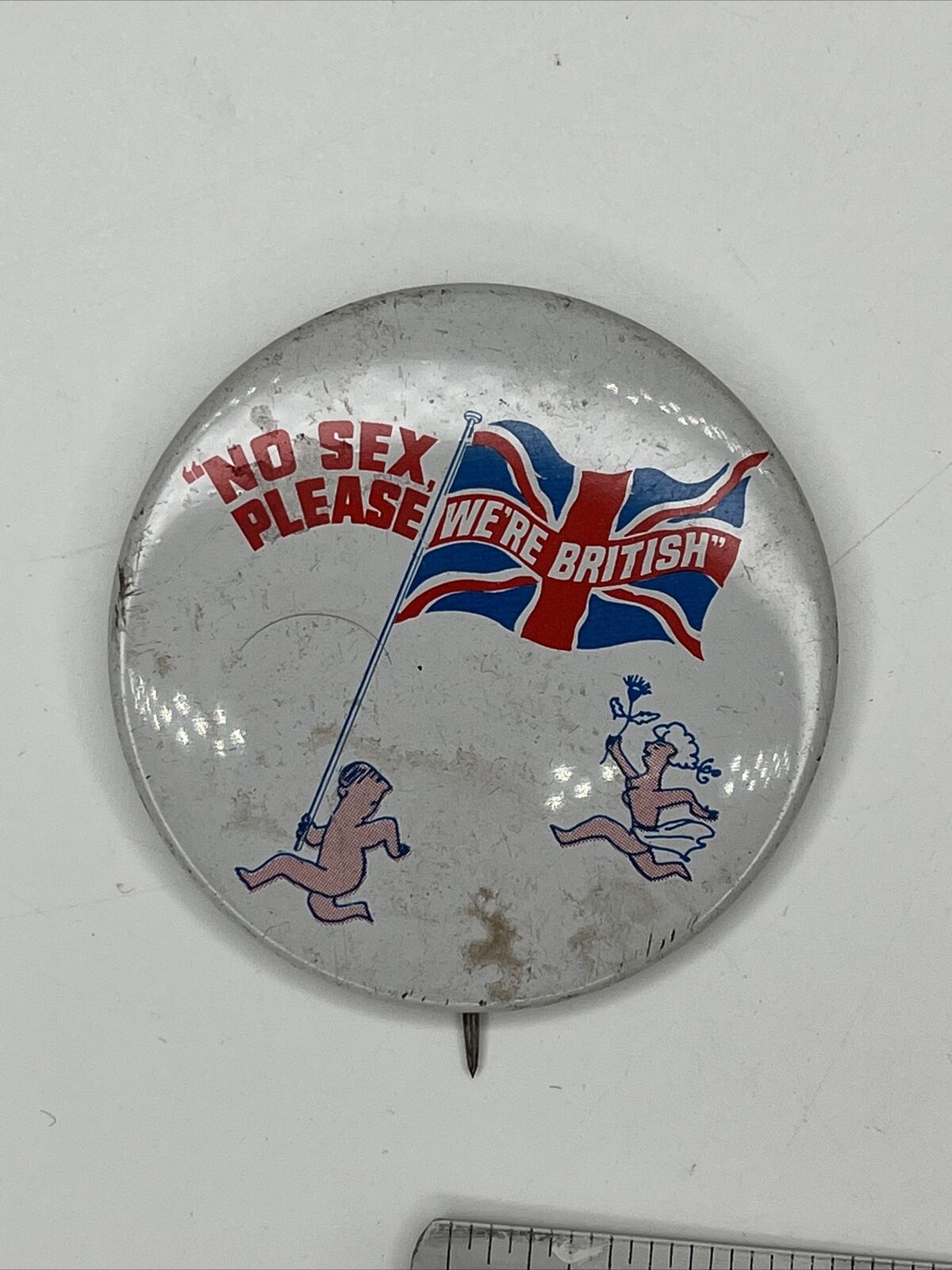 No Sex Please We\'re British Advertising Pinback Button Lapel Vintage Rare 
