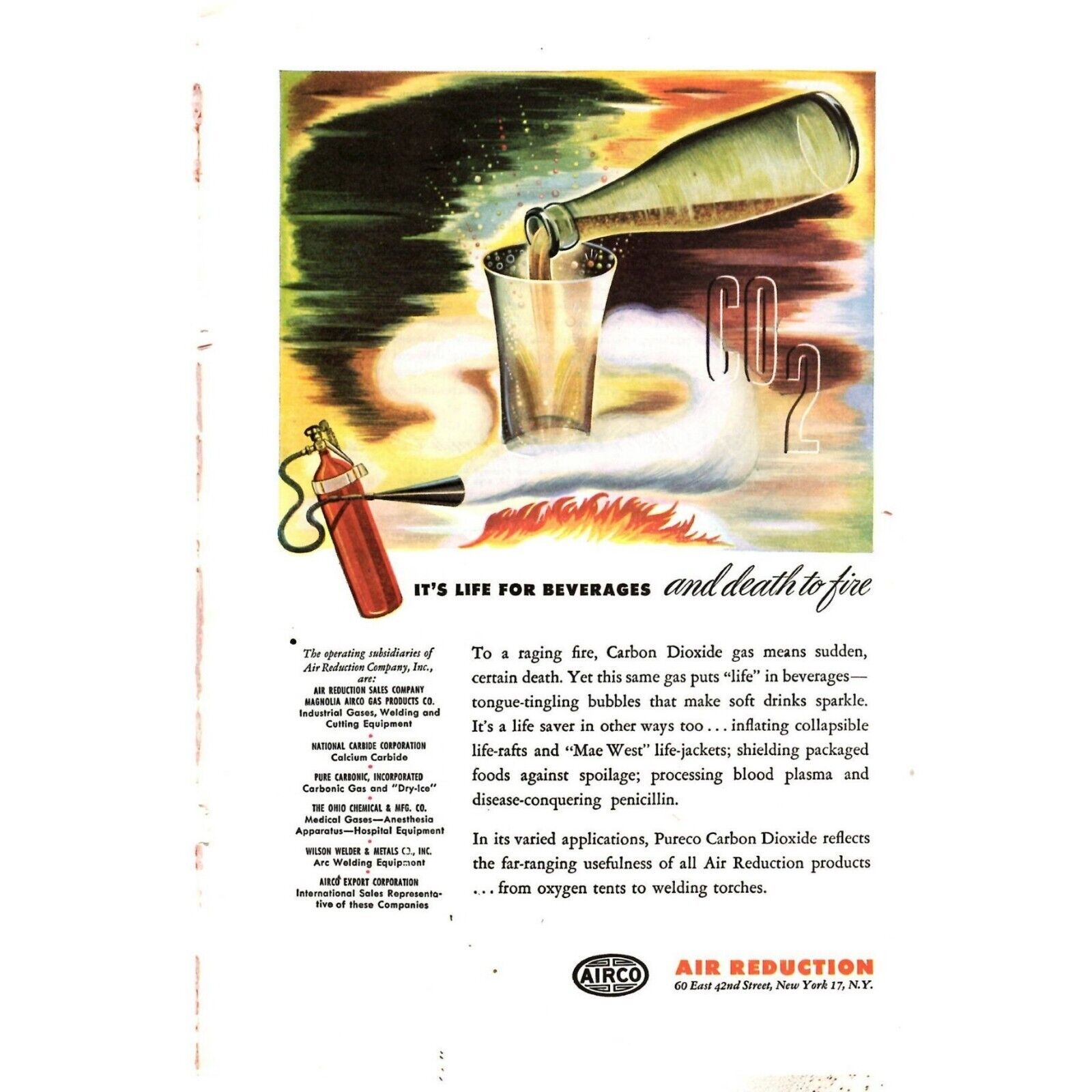 1946 Airco Air Reduction Print Ad CO2 It's Life for Beverages & Death for Fire