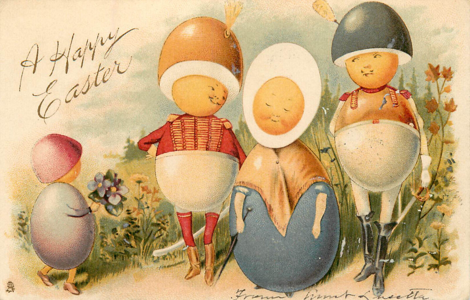Tuck Easter Postcard 523 Hard Boiled Egg People, Soldiers, Egg Lady and Child