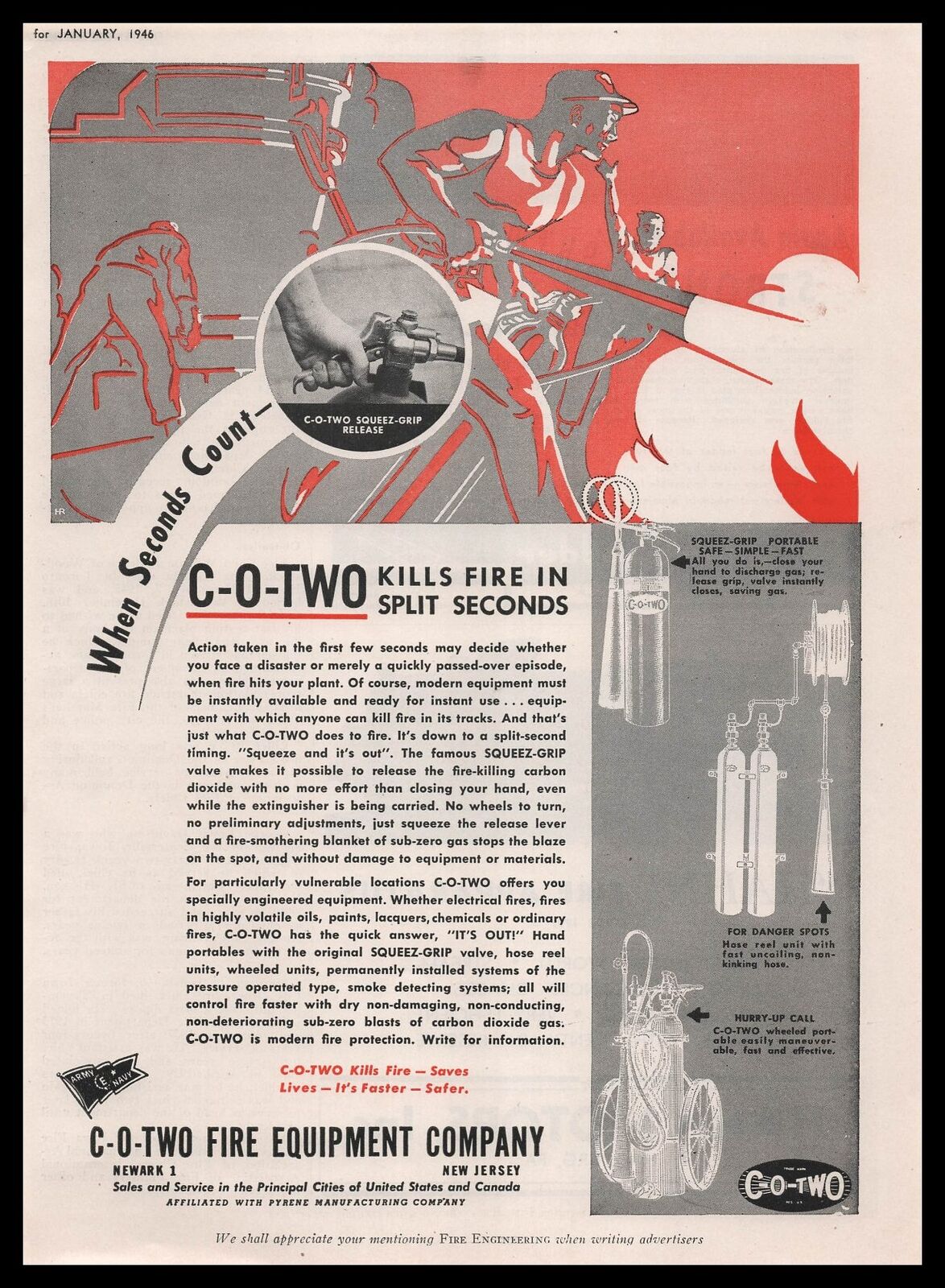 1946 C-O-Two Fire Equipment Extinguisher Guns Newark New Jersey Vintage Print Ad