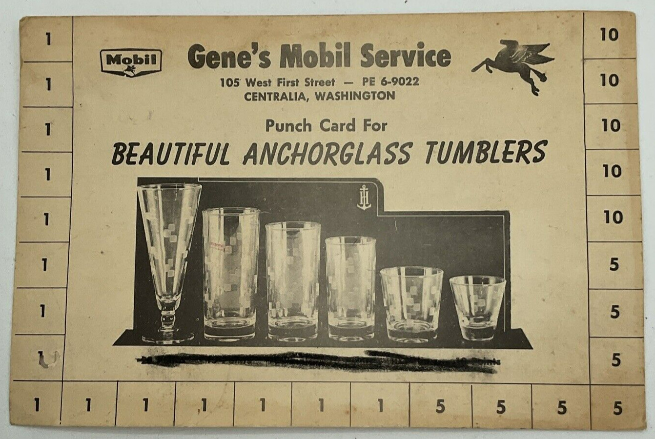 Vintage Gene’s Mobil Service Centralia Punch Card Anchorglass Tumblers Giveaway