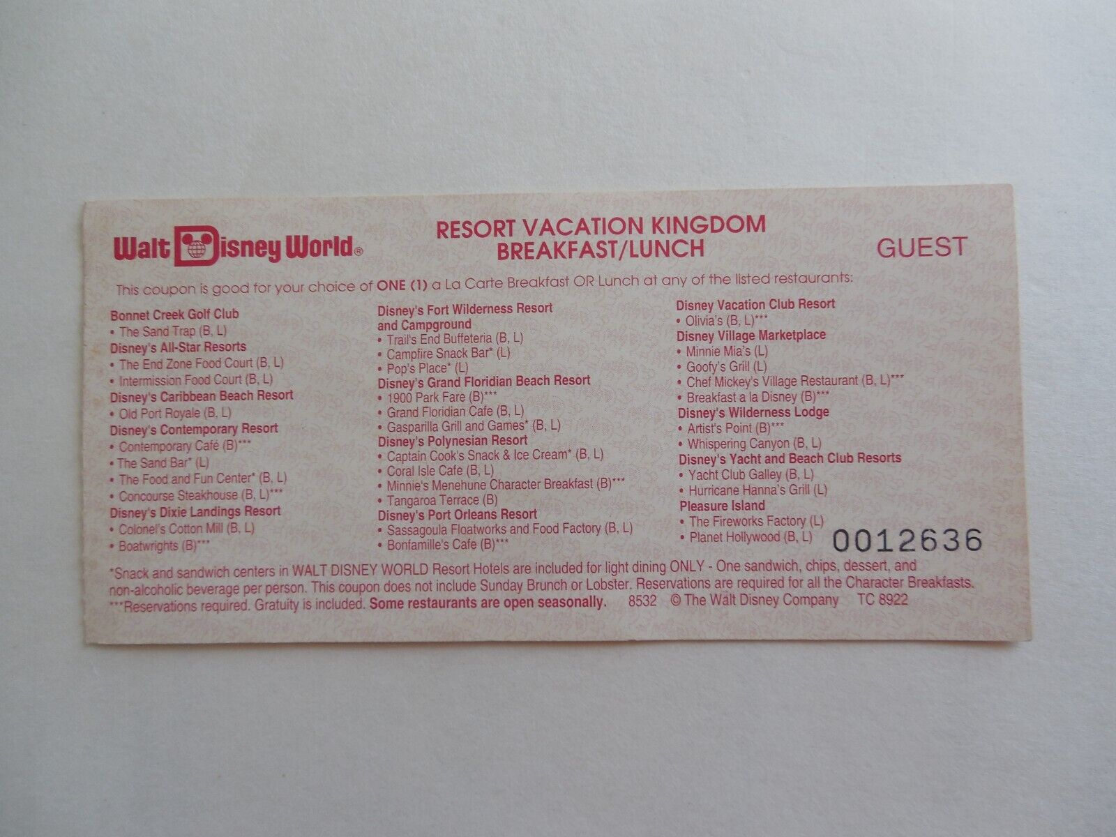 Unused 1990s Walt Disney World Resort Breakfast / Lunch Guest Coupon Ticket
