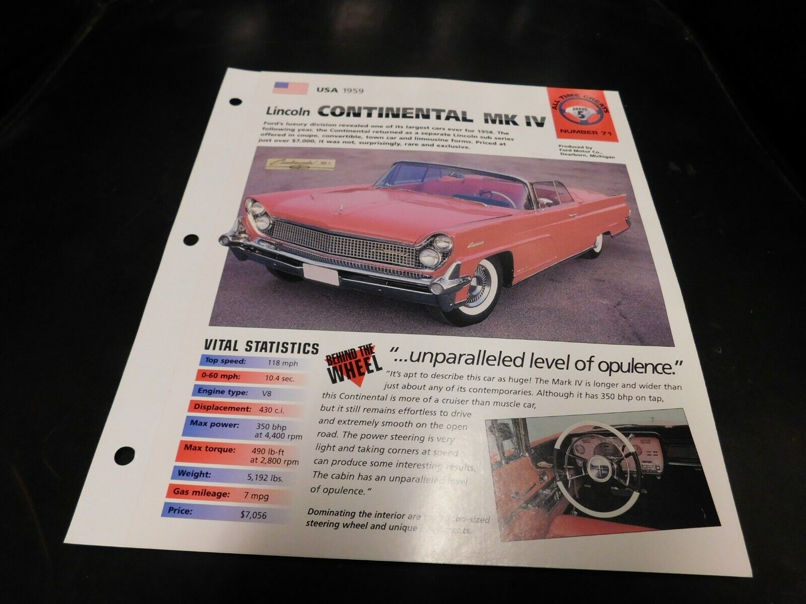 1959 Lincoln Continental Mark IV Spec Sheet Brochure Photo Poster