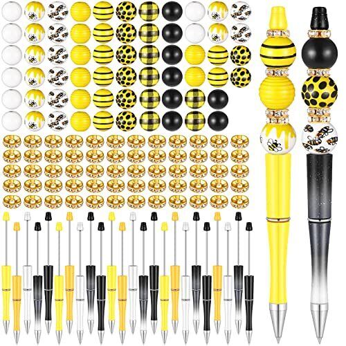 20 Pcs Bee Plastic Beadable Pens Assorted DIY Bead Pen Beaded Pens with 60 Mu...