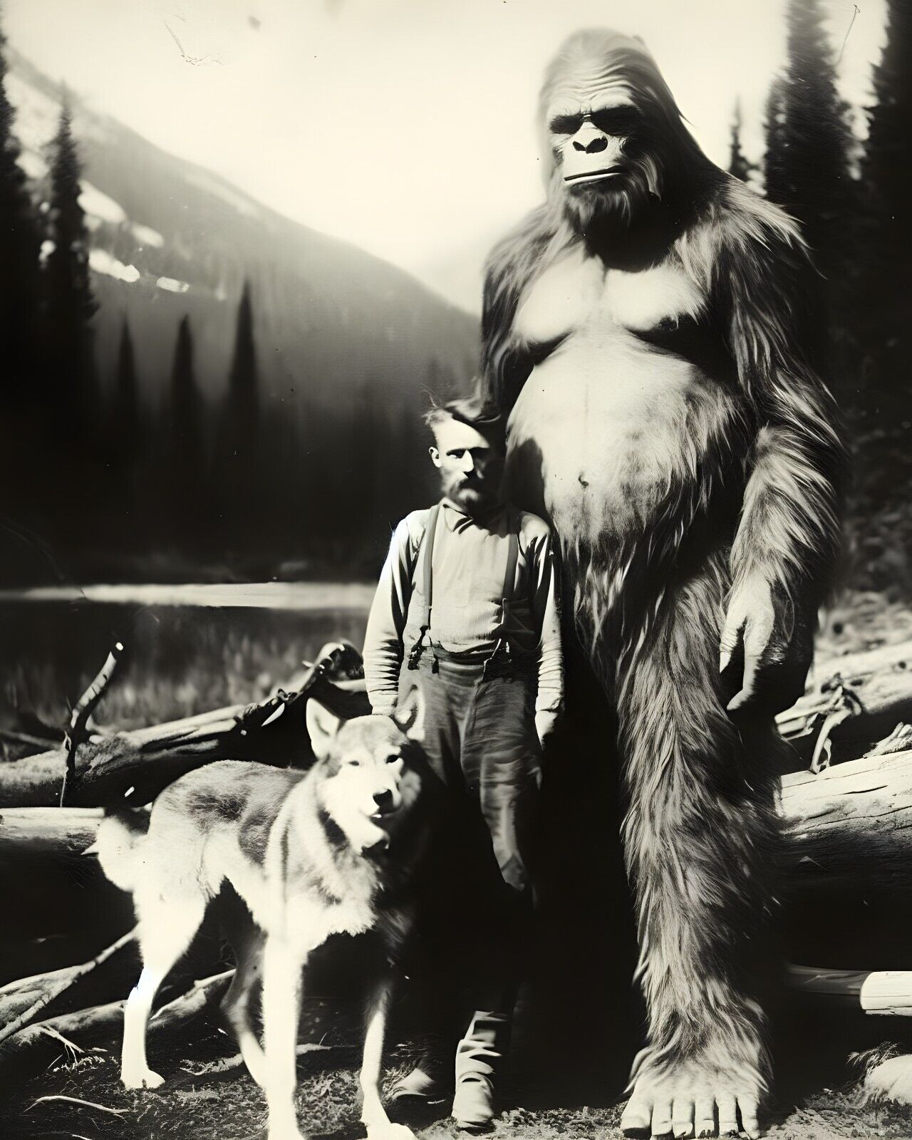 Sasquatch Bigfoot 1885 Photograph Logger and Wolf Cryptid Myth Folklore 8X10