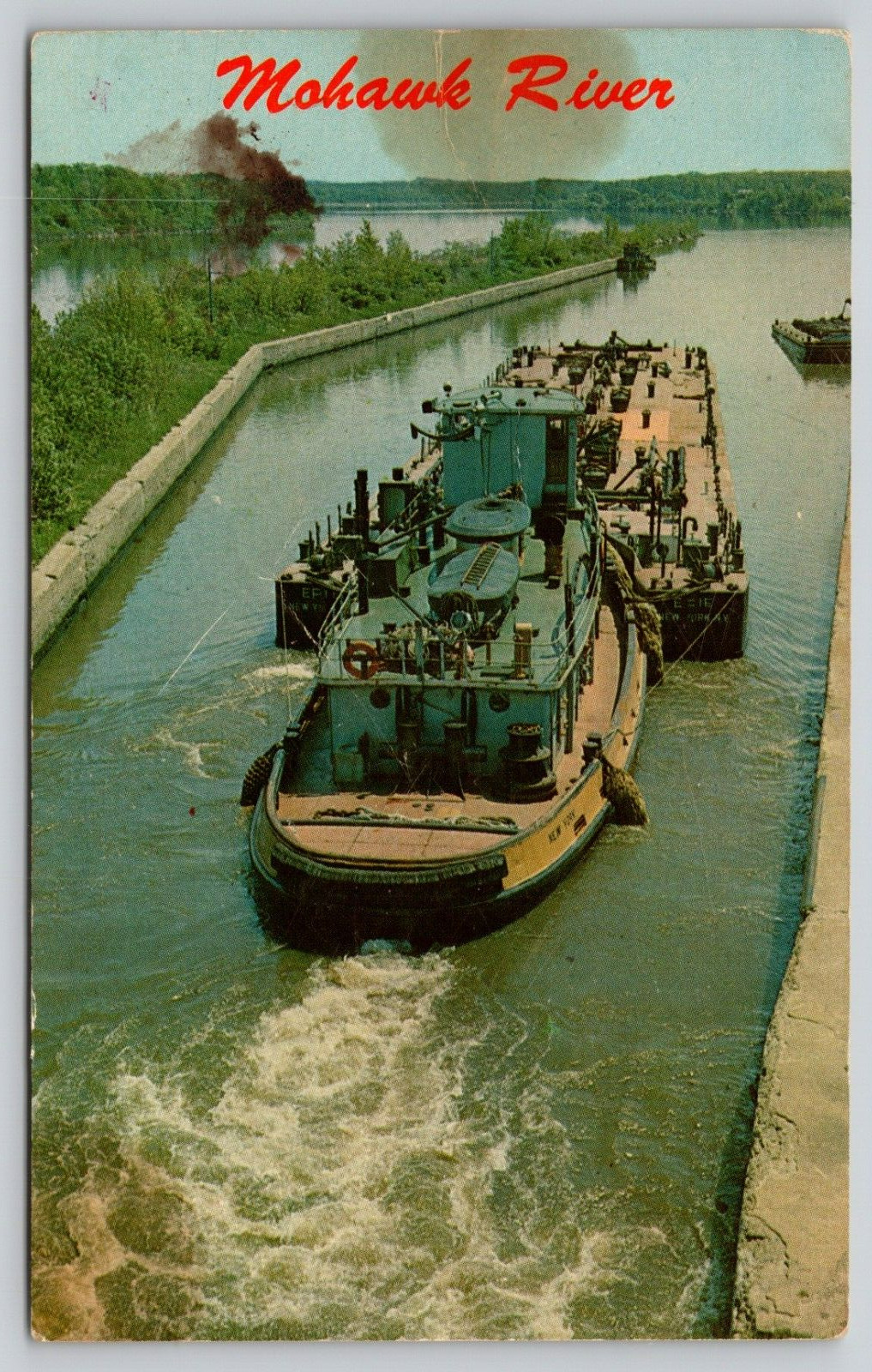 Postcard NY Schenectady Eastbound On The Mohawk River Erie Canal Tug Boat A3