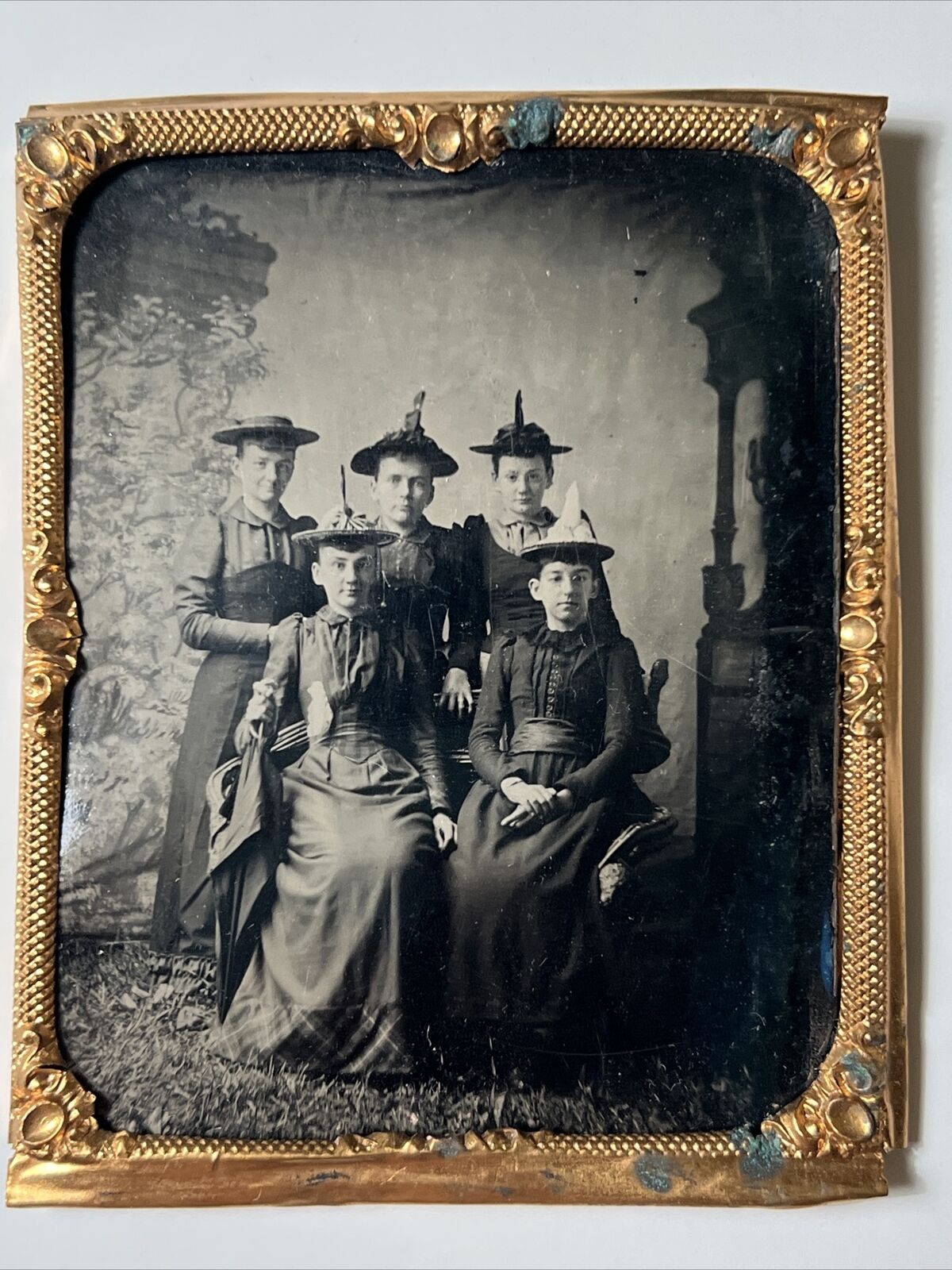 STRANGE antique 1870s Tintype Photo 5 Women Witch Type Pointy Hats COPPER FRAME